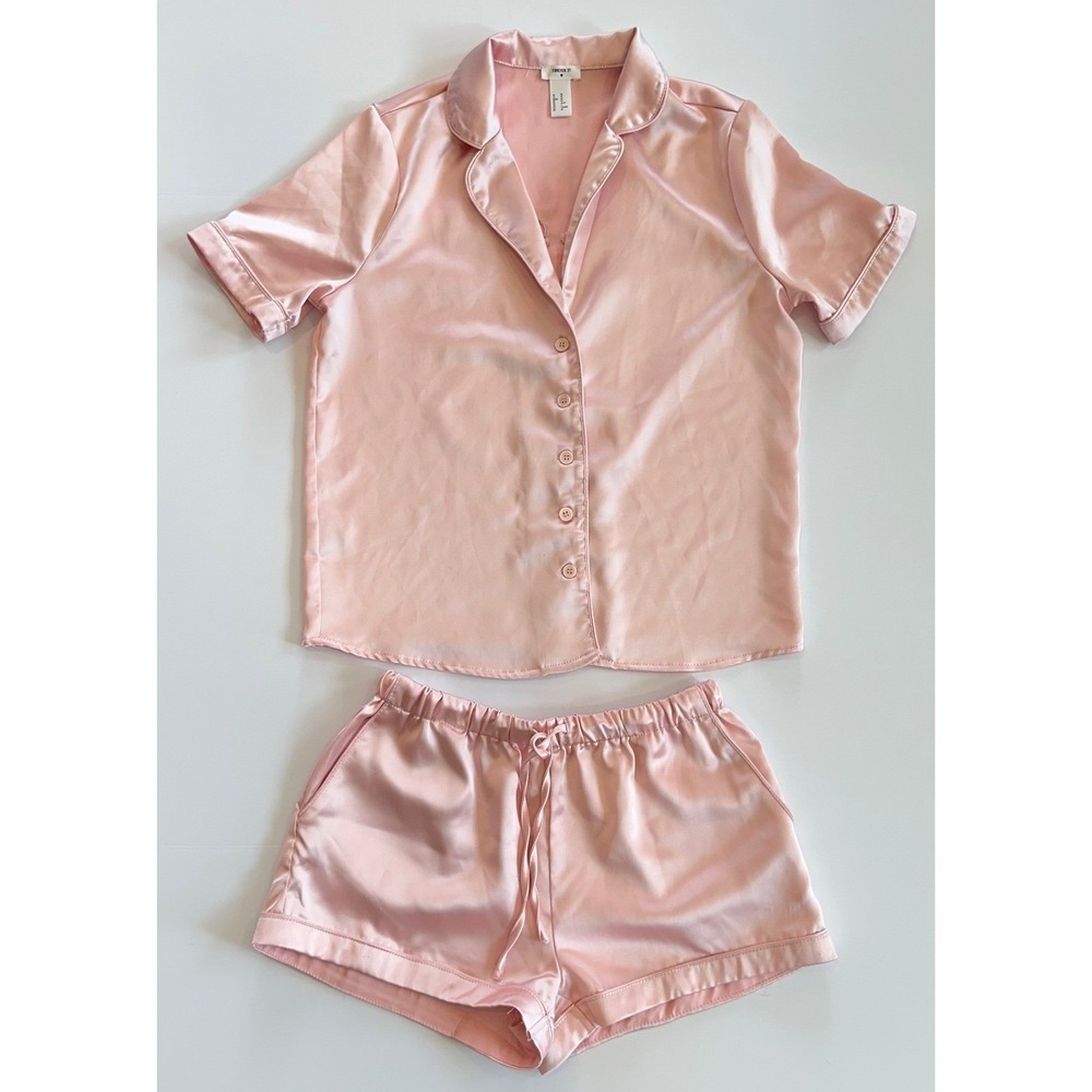 Forever 21 Team Bride Pink Satin Pajama Set XS Short Sleeve Button Up Shorts